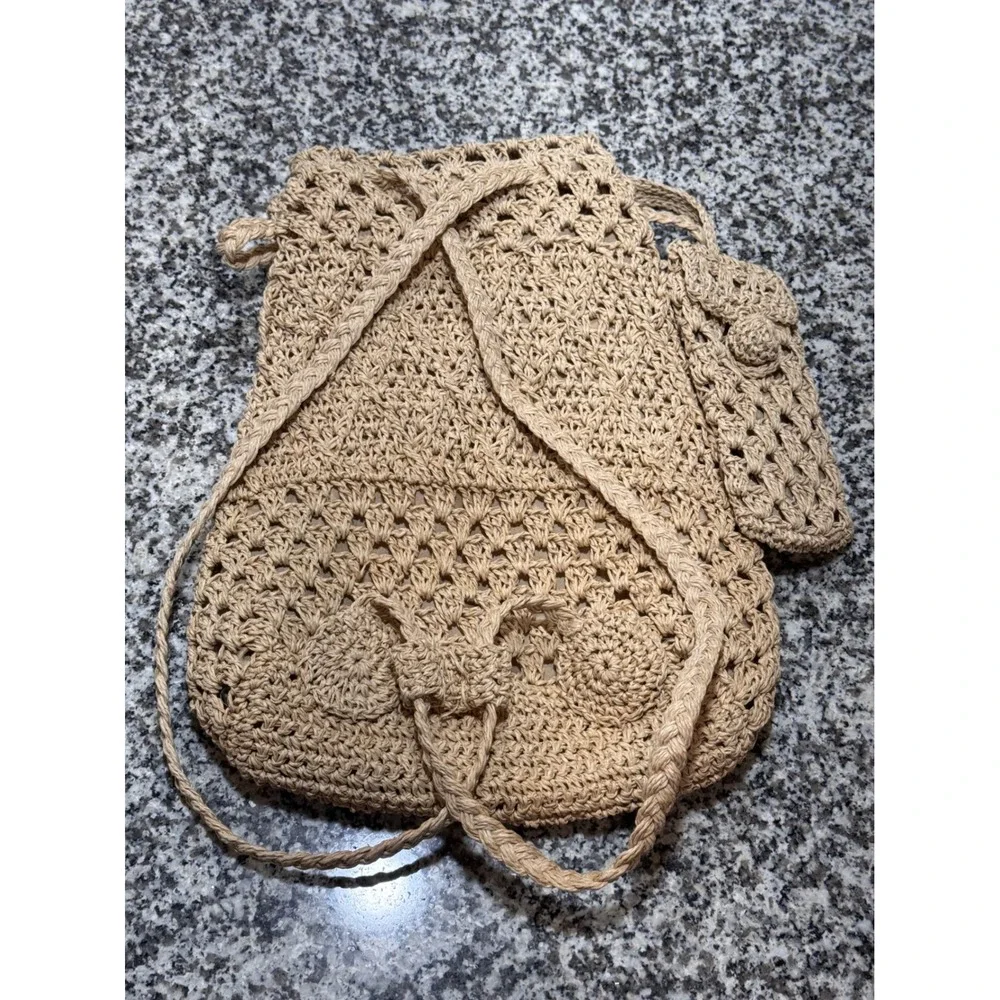 Woven Crochet Backpack Womens OS Tan Straw Paper Boho Coastal Indie Festival 90s